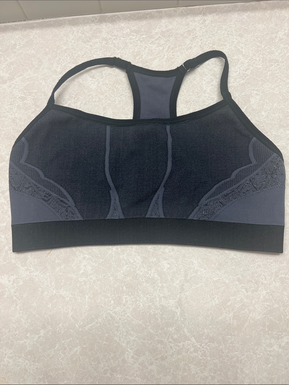 NUX Black and Grey Racerback Seamless Support Sports Bra. Size Medium